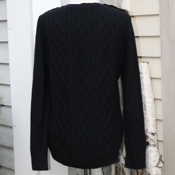 Talbots Black Cable Knit Button Shoulders Crew Neck Sweater Sz LARGE - Picture 4 of 6
